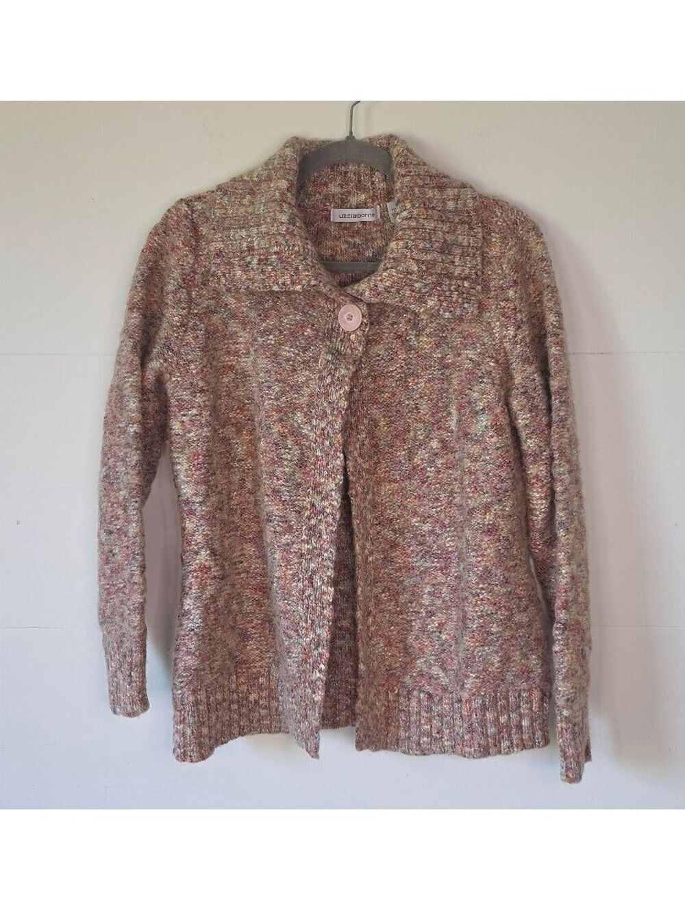 VTG Liz Claiborne Chunky Marled Knit Cardigan Sweater Single Button Collar, Sz L